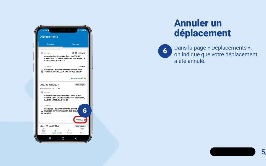 Dans la page Déplacements, on indique que votre déplacement a été annulé