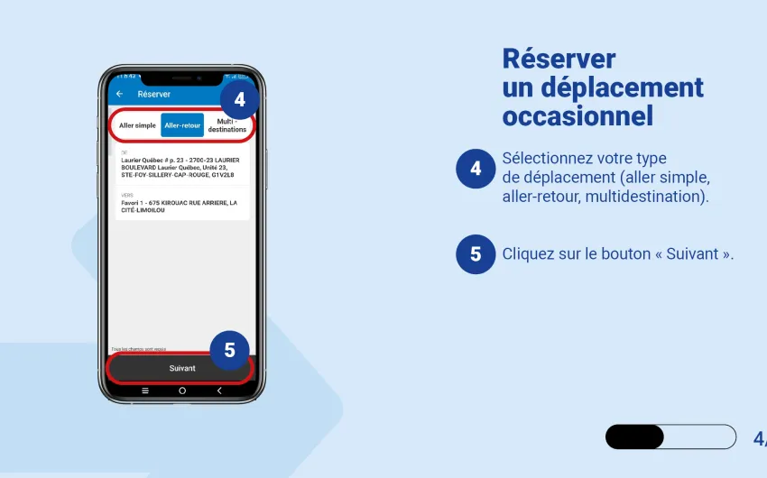 Sélectionnez votre type de déplacement (aller simple, aller-retour, multidestination) et Cliquez sur le bouton « Suivant ».