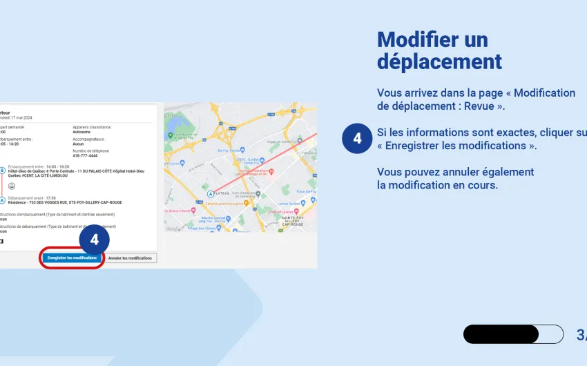 Vous arrivez dans la page « Modification de déplacement : Revue ».   Si les informations sont exactes, cliquer sur « Enregistrer les modifications ».   Vous pouvez annuler également la modification en cours. 