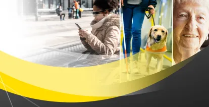 L'image représente une personne en fauteuil roulant, un chien-guide et une personne âgée