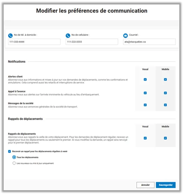 Modifier les préférences de communication - Site web ATA
